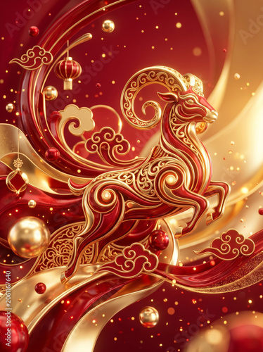 Ornate Golden Ram Sculpture in Traditional Chinese Festive Style