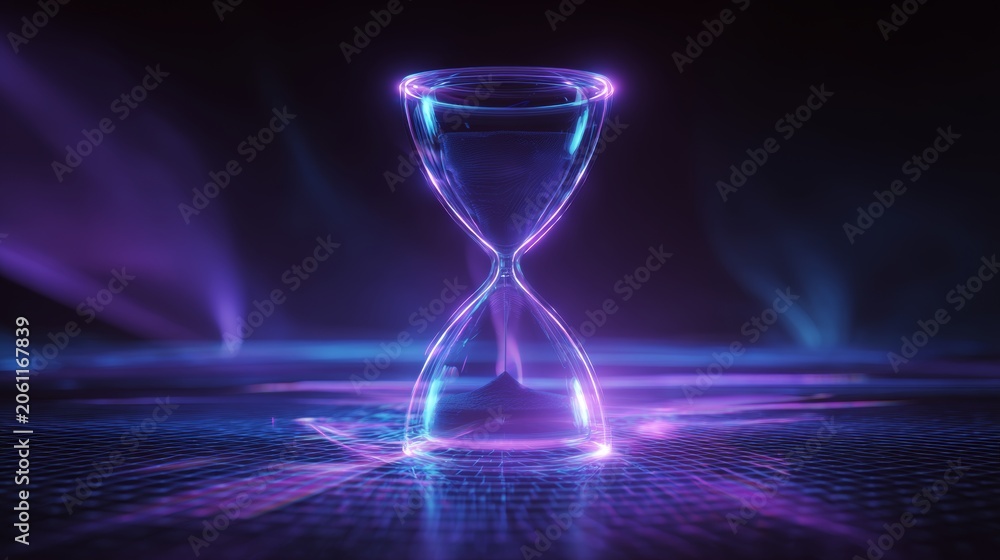 Obraz premium Glowing neon hourglass visualizing time passing on a shimmering digital grid under futuristic purple and blue light