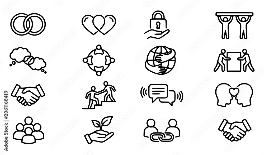 Fototapeta premium Black line icons depicting various business and social concepts