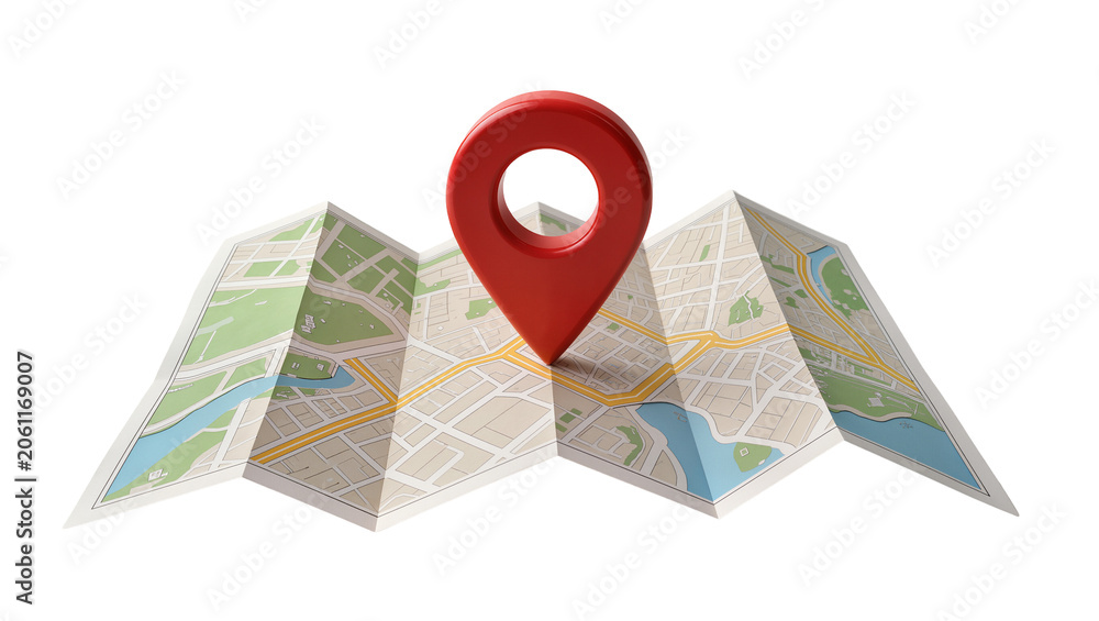 Naklejka premium Red map pointer on folded paper city map, isolated on transparent background