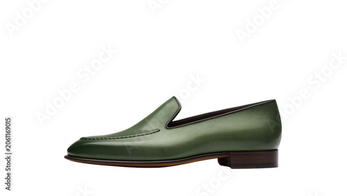 Fotografija Green leather loafer shoe with stitching detail and brown heel