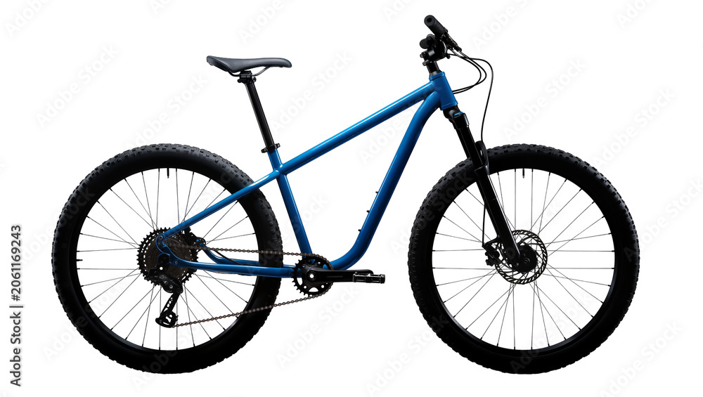 Fototapeta premium Blue mountain bicycle with suspension fork and knobby tires