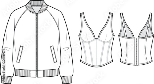 Fotografie Fashion technical sketch of a unisex raglan bomber jacket with zipper and a wome