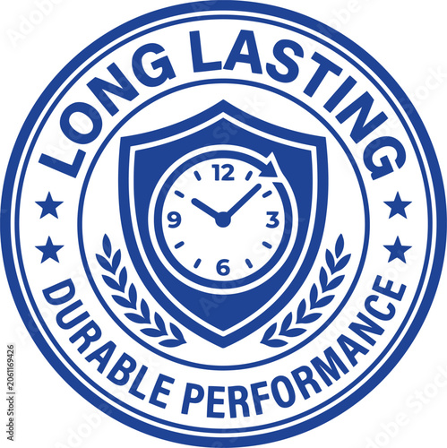 Foto Round blue rubber stamp with text long lasting durable performance and shield with clock symbol, laurel wreath, stars