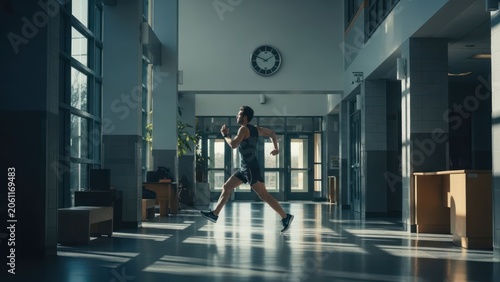 Athletic male figure running quickly through a long, empty corridor