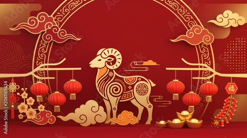 Chinese New Year Goat Zodiac Festive Decoration Illustration