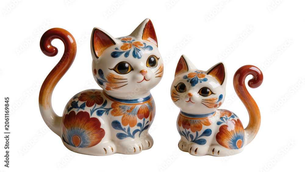 Fototapeta premium Two ceramic cat figurines with floral patterns