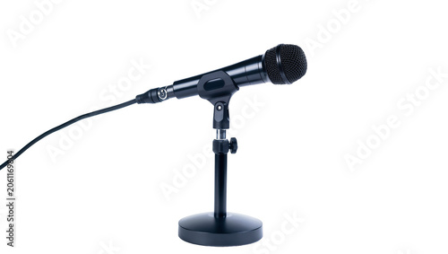 Black dynamic microphone on adjustable desk stand with cable