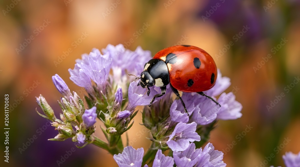 Obraz premium Ladybug on purple statice flower macro photography
