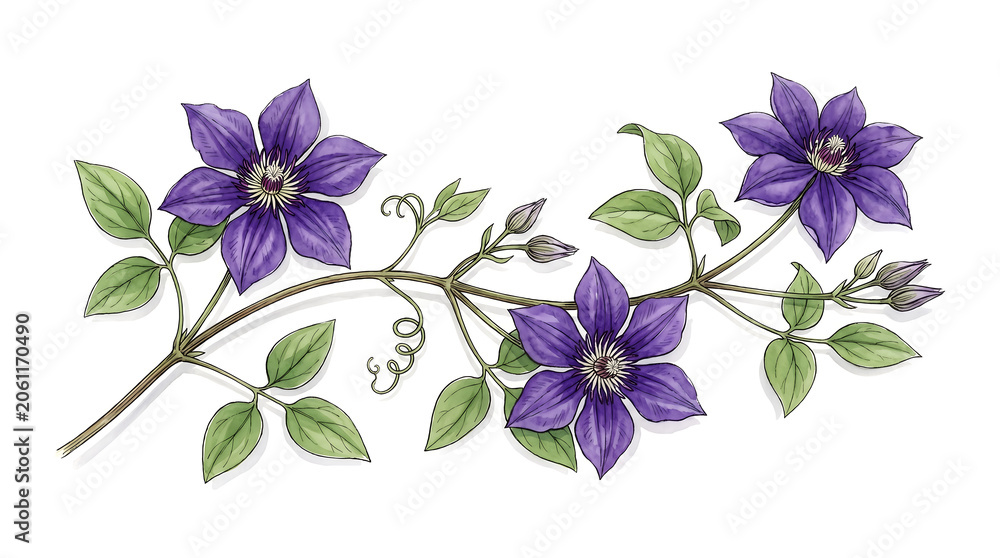 Fototapeta premium Watercolor Illustration of Purple Clematis Vine on Curling Tendril Branch on White Background