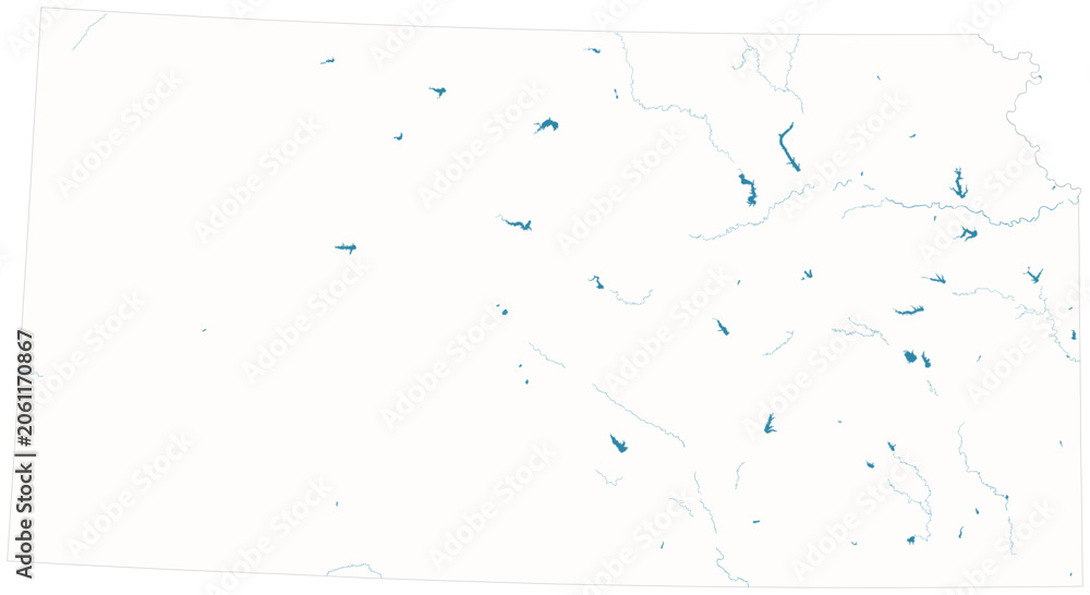 Obraz premium Kansas water bodies vector map with lakes, rivers, reservoirs and shaded relief terrain (Albers equal area conic projection, PPT-compatible & fully editable)