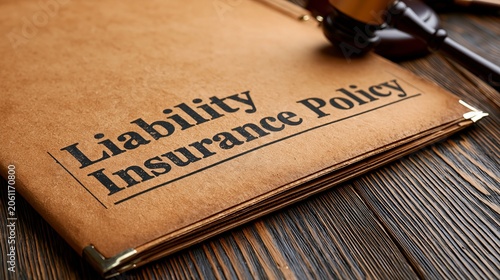 Brown textured leather folder labeled liability insurance policy resting on a rustic dark wooden table with a wooden judge gavel