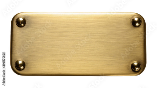 Obraz na plátně Brushed brass rectangular plaque with rounded corners and four brass rivets, iso