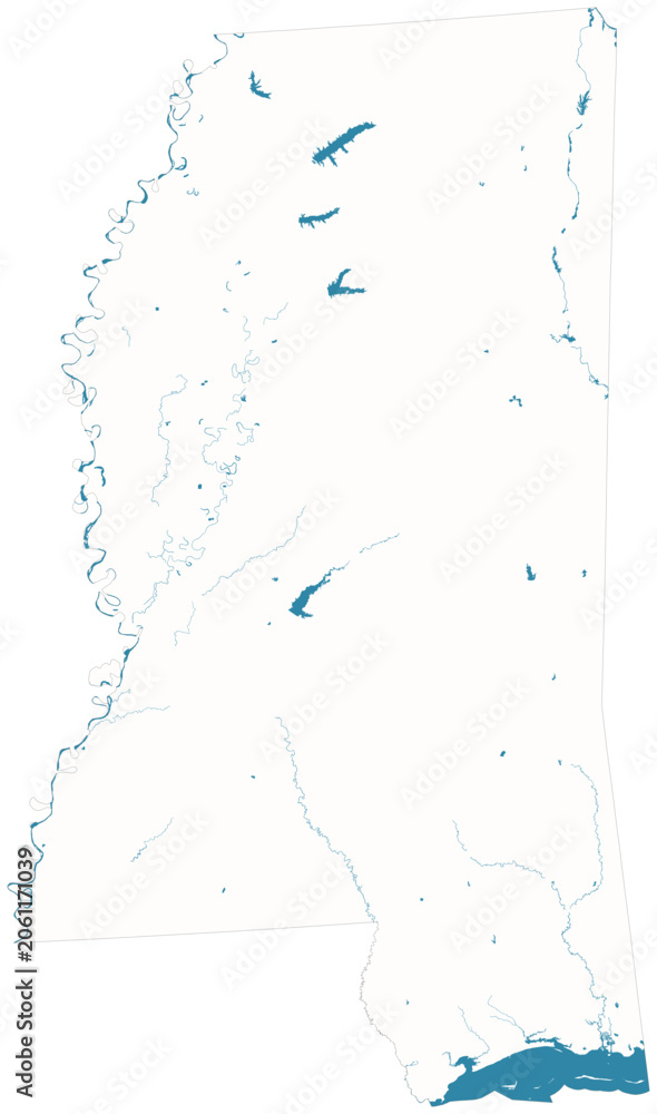 Naklejka premium Mississippi water bodies vector map with lakes, rivers, reservoirs and shaded relief terrain (Albers equal area conic projection, PPT-compatible & fully editable)