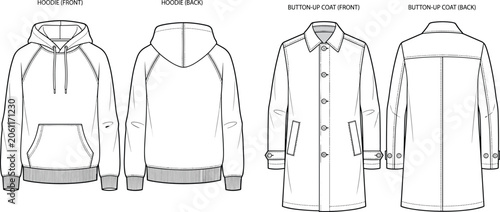 Canvastavla Fashion technical sketch template of raglan sleeve hoodie and button up coat out