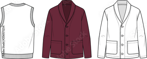 Foto Fashion technical sketch template of knitwear outerwear including sleeveless ves