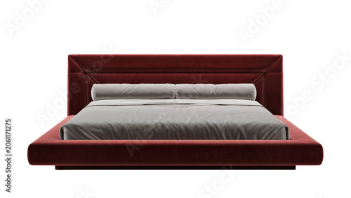 Obraz na plátne Modern red upholstered bed with grey bedding and bolster pillows