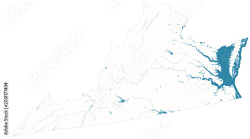 Fényképezés Virginia water bodies vector map with lakes, rivers, reservoirs and shaded relie