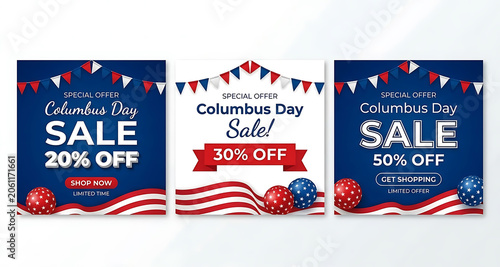 Columbus day sale social media post templates set