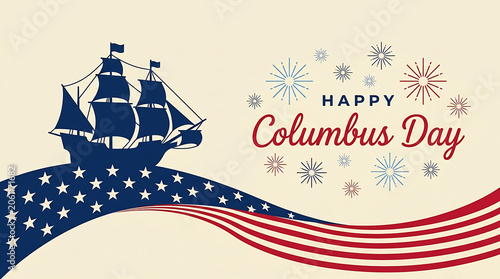 Happy columbus day greeting card with a ship and american flag design