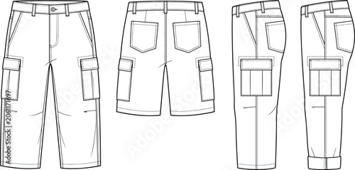 Bild auf Leinwand Men cargo pants and shorts technical flat sketch vector template for streetwear