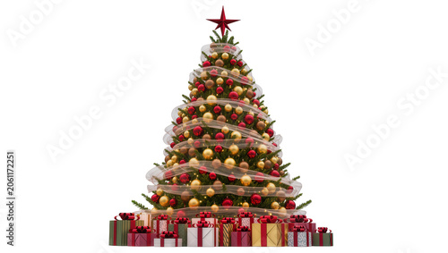 Konstfotografi Decorated Christmas Tree with Red and Gold Ornaments and Gifts