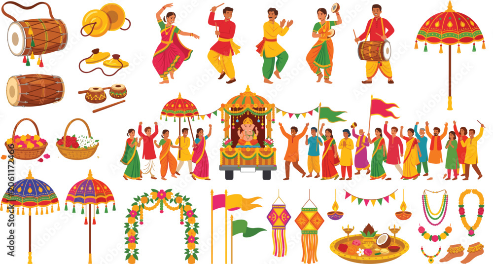 Fototapeta premium Traditional Indian ganesh chaturthi festival procession elements and happy street dance group celebration scenes vector illustration set
