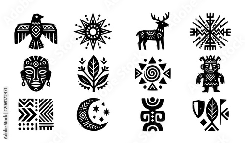 Εκτύπωση καμβά Collection of black and white tribal style graphic elements and icons