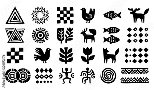 Tablou pe pânză Black and white folk art motifs collection scandinavian and slavic inspired