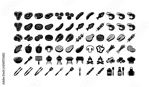 Fotografía Barbecue food and utensil icons set black and white vector graphics