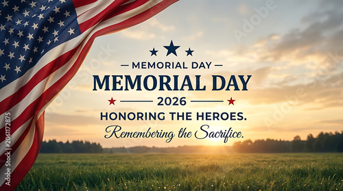 Memorial day 2026 background with american flag and sunset landscape