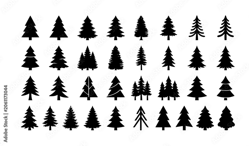 Obraz premium Black silhouette pine tree collection for seasonal design and graphics