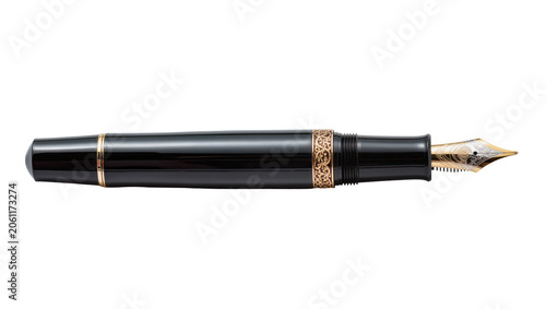 Foto Elegant black fountain pen with gold trim and nib, isolated on transparent backg