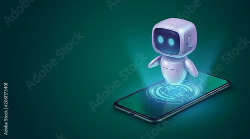 3d illustration of a cute robot floating above a smartphone screen