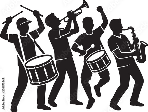 Billede på lærred Musicians marching band silhouette in black on transparent background performing with drums trumpet and saxophone for parade celebration festival and parade event
