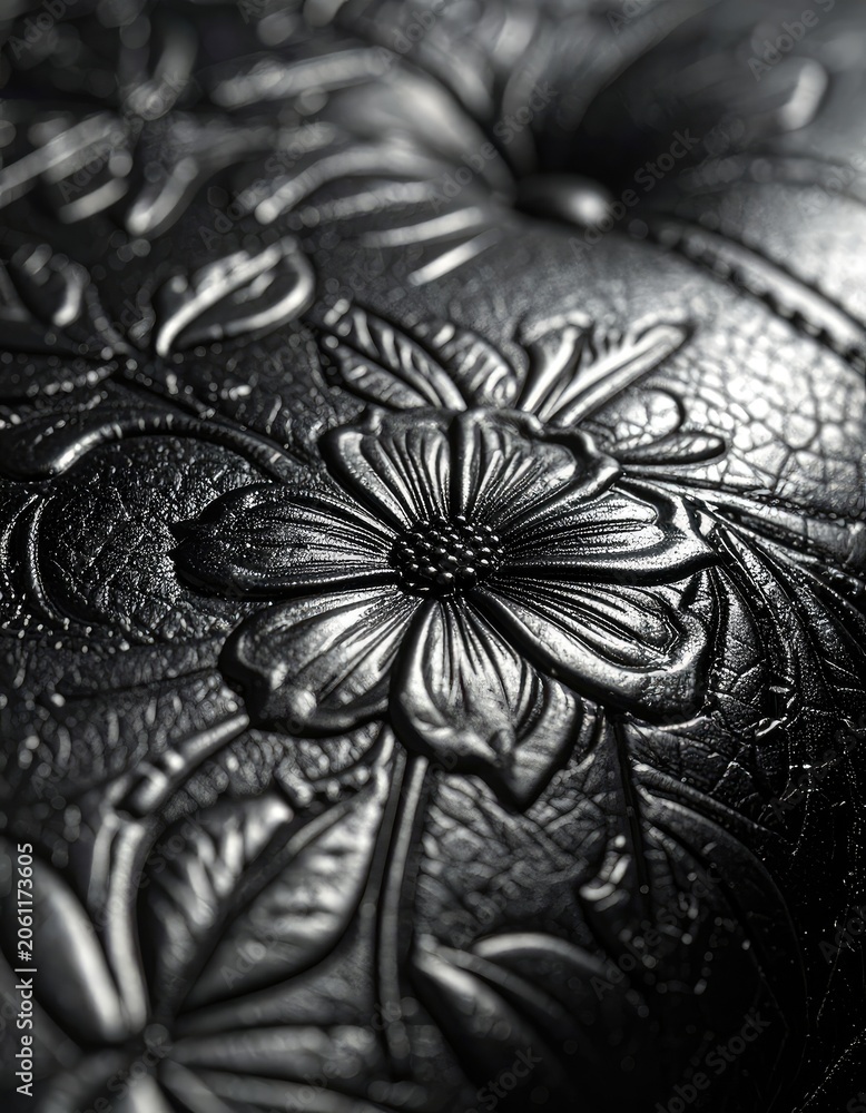 Fototapeta premium Close-up of an embossed black leather with floral patterns, highlighting texture and detail.