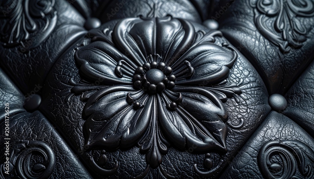 Fototapeta premium Close-up of a dark, ornate tufted leather surface with floral embossed details.