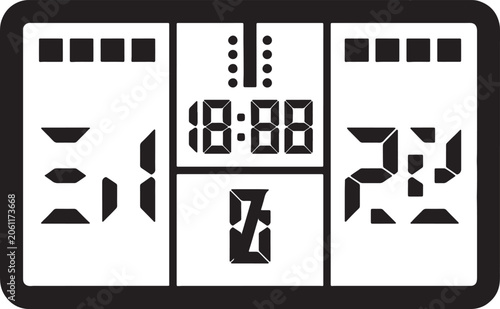 Digital scoreboard display of a sports game score, showing 3 to 2 with a timer at 18:88 and a quarter indicator at 7.