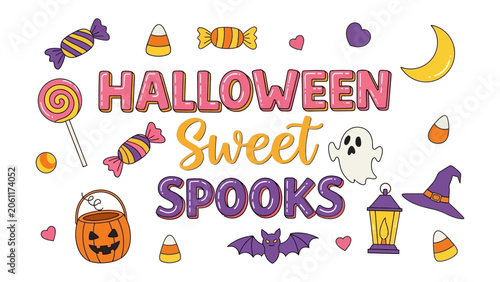 Foto Spooky Sweets for Halloween: A whimsical illustration filled with iconic Halloween imagery, featuring candy, ghosts, bats, pumpkins, and a crescent moon, perfect for festive greetings and decorations
