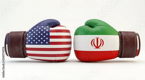 Boxing gloves with the flags of the united states and iran isolated on white background
