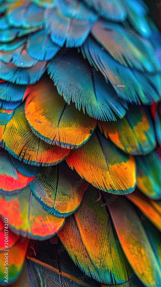 Obraz premium A macro photograph captures the vibrant, overlapping layers of colorful parrot feathers.
