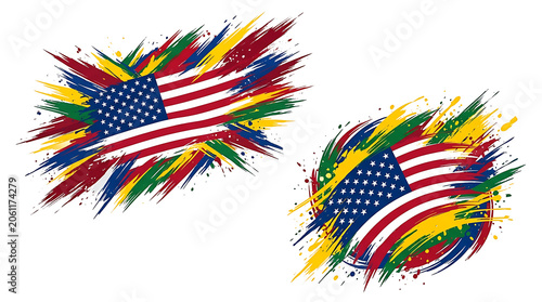 American flag with colorful paint splashes isolated on white background