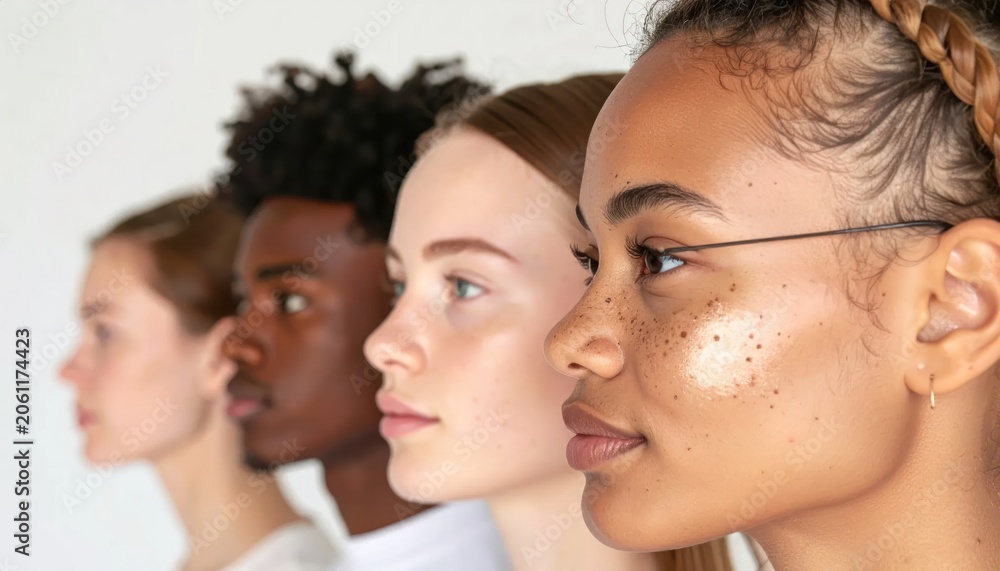 Fototapeta premium Side profiles of four diverse people in a row