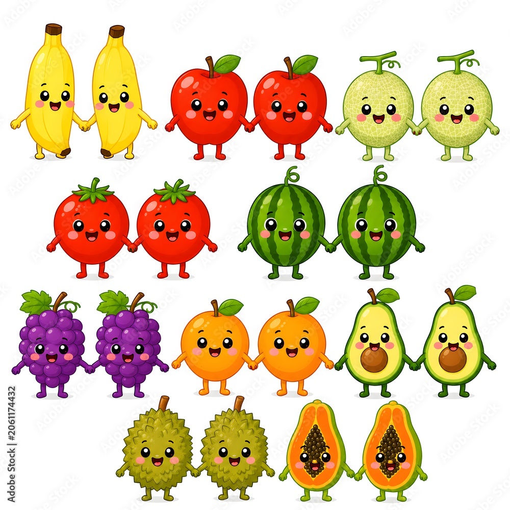 Obraz premium Kawaii Fruit Mascots Holding Hands Vector Style Illustration