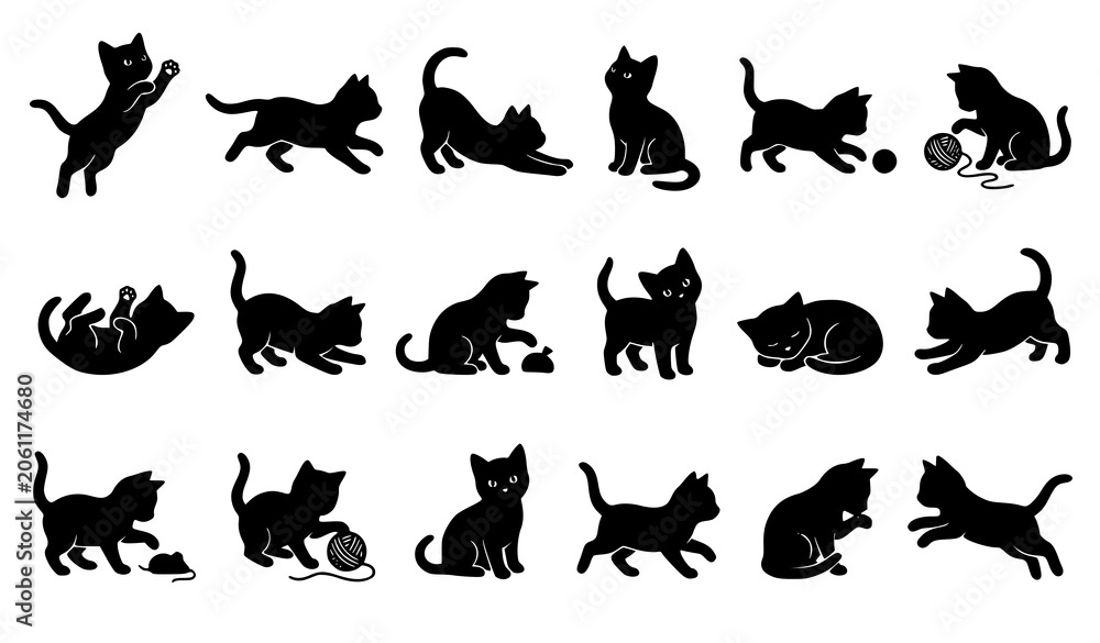 Obraz premium Cute Playful Kitten Silhouettes Vector Set with Cats Running Jumping Sitting and Playing