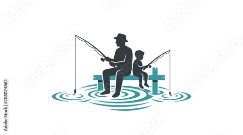Father and Son Fishing on Pier Vector Illustration