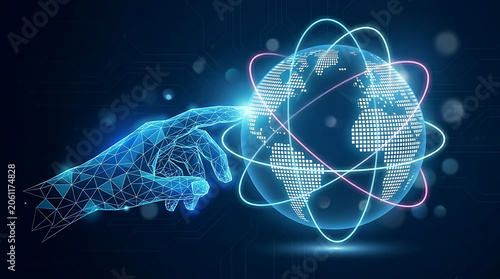 Digital wireframe hand touching a glowing global network connection globe