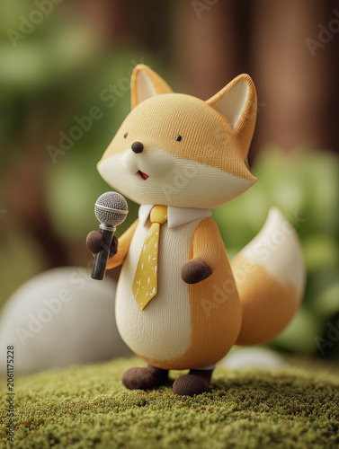 Cute fox figurine holding microphone speaking publicly