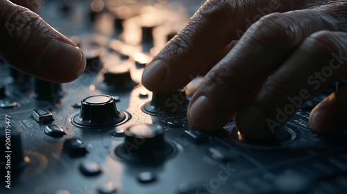 Professional audio engineer using hands to adjust tactile knobs on a dark studio mixing console under moody cinematic golden lighting