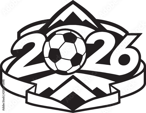 Switzerland 2026 Soccer Ribbon Emblem Black and White Vector Line Art Alpine Football Celebration Icon